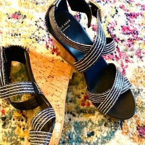 Cole Haan Navy/White Cork Wedge Sandals, Size 8